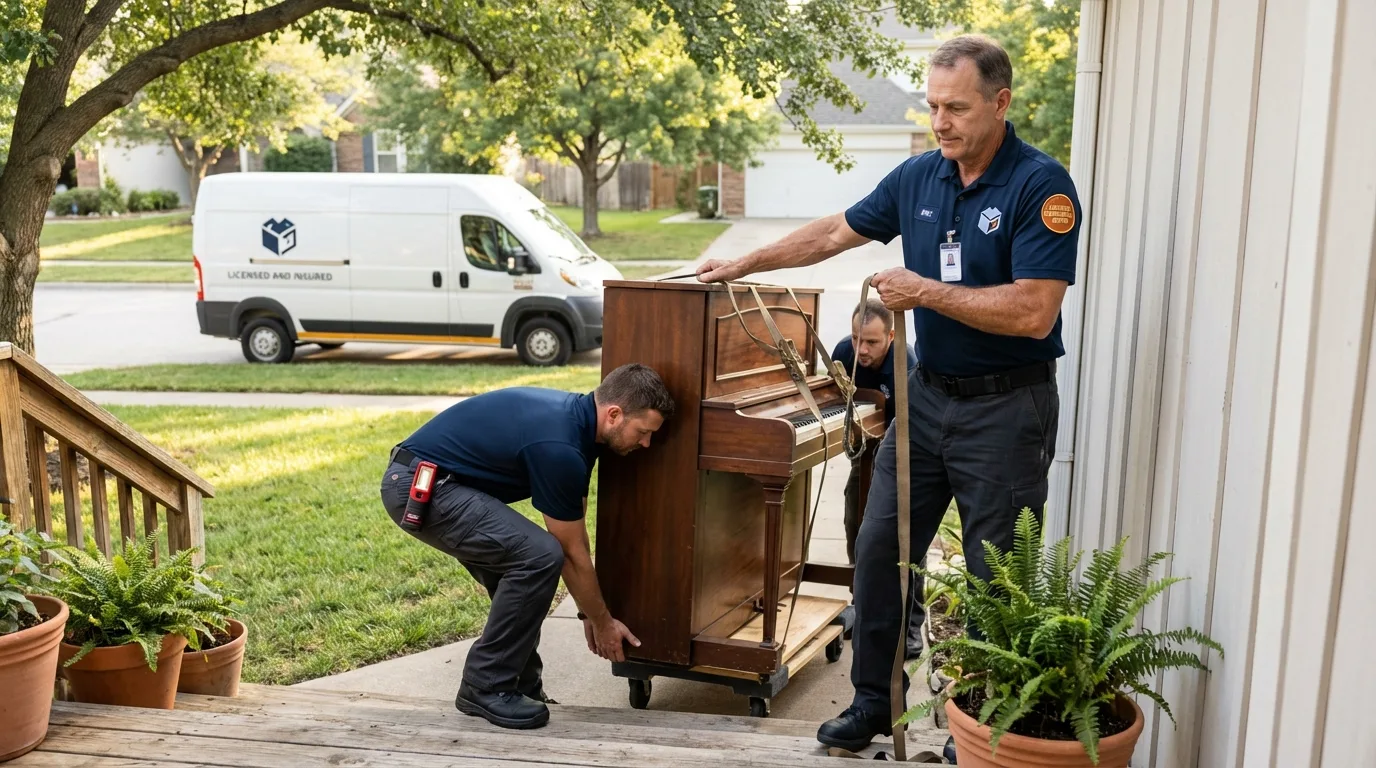 Licensed piano movers securing grand piano in Bremen, GA