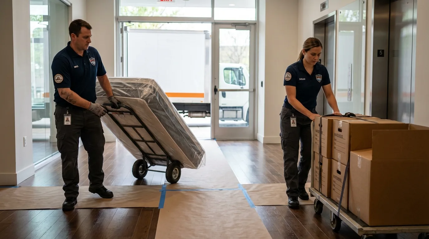 Professional apartment movers loading elevator in Bremen, GA