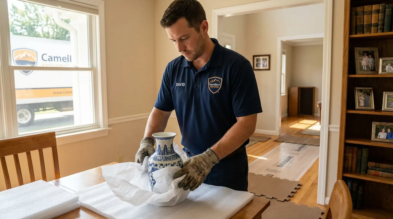 Professional crew carefully wrapping antique vase for senior downsizing move in Bremen, GA